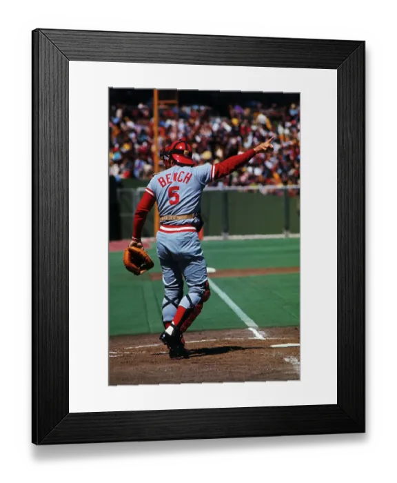 Framed Print : Johnny Bench Signaling with His Right Arm During Baseball Game Framed Print : Johnny Bench Signaling with His Right Arm During Baseball Game
