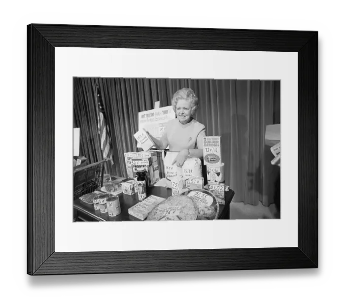 Framed Print : Virginia Knauer Pointing to a Bag of Sugar Framed Print : Virginia Knauer Pointing to a Bag of Sugar