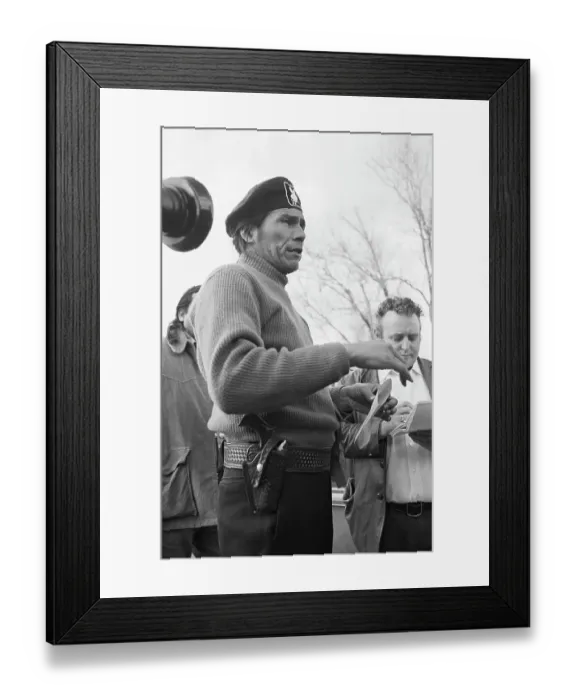 Framed Print : Dennis Banks Talking W / Press;Gun On Hip Framed Print : Dennis Banks Talking W / Press;Gun On Hip