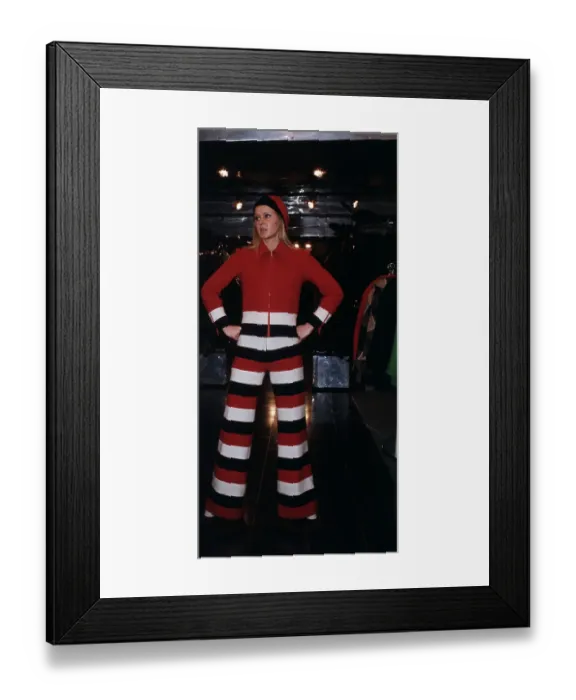 Framed Print : Fashion Model Wears Ted Lapidus Striped Pantsuit Framed Print : Fashion Model Wears Ted Lapidus Striped Pantsuit
