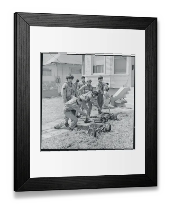 Framed Print : Boy Scouts Mowing a Lawn Framed Print : Boy Scouts Mowing a Lawn