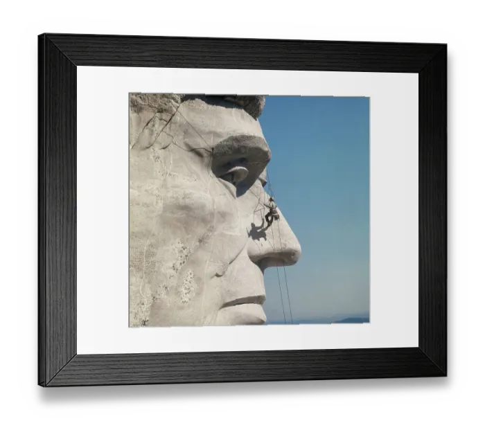 Framed Print : Repairman on Face of Abraham Lincoln from Mount Rushmore Memorial by Gutzon Borglum Framed Print : Repairman on Face of Abraham Lincoln from Mount Rushmore Memorial by Gutzon Borglum