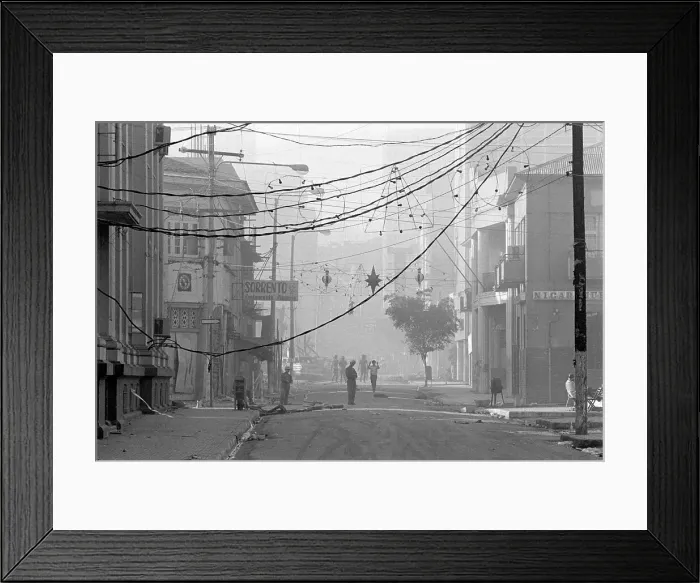 Framed Print : Street W / Hanging Wires & Xmas Decor Framed Print : Street W / Hanging Wires & Xmas Decor