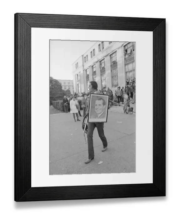 Framed Print : American Indian Protester Holding Club and Nixon Portrait Framed Print : American Indian Protester Holding Club and Nixon Portrait