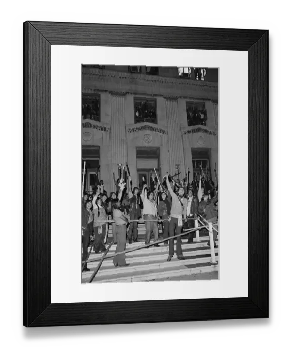Framed Print : American Indians Protesting with Weapons Outside Building Framed Print : American Indians Protesting with Weapons Outside Building