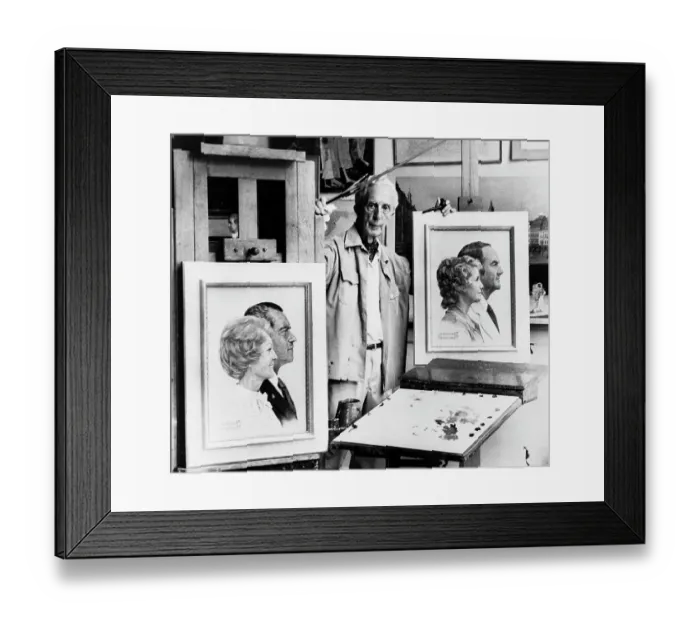 Framed Print : Norman Rockwell Stands Between Paintings Framed Print : Norman Rockwell Stands Between Paintings