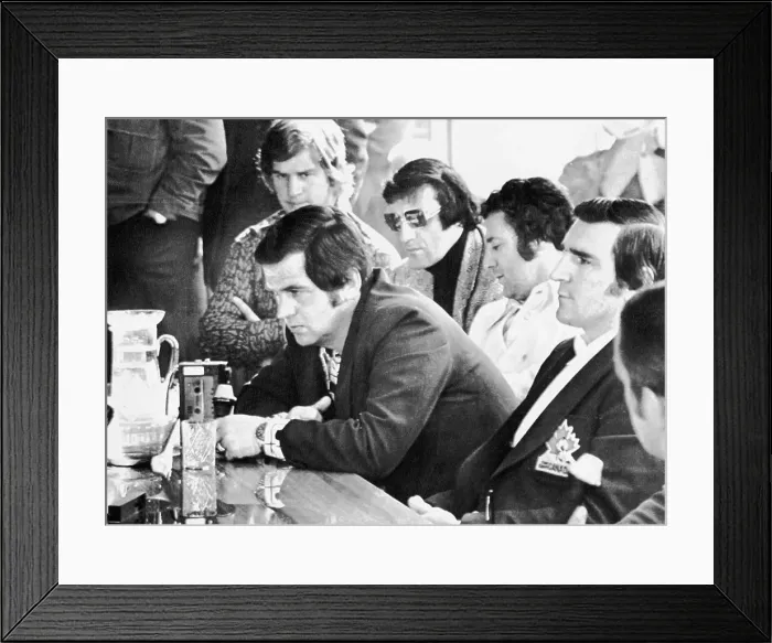 Framed Print : Team Canada Coach Harry Sinden at Moscow News Conference Framed Print : Team Canada Coach Harry Sinden at Moscow News Conference