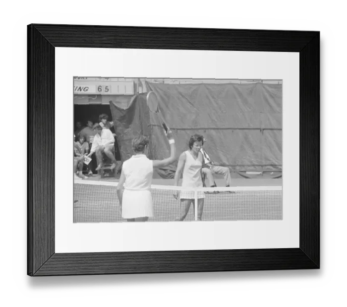 Framed Print : Margaret Court Approaching Billie Jean King at Net Framed Print : Margaret Court Approaching Billie Jean King at Net