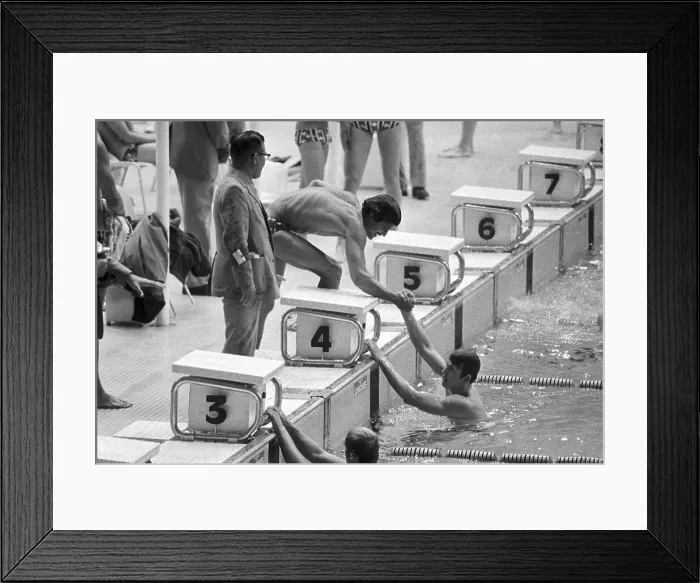 Framed Print : Mark Spitz Shaking Teammate's Hand Framed Print : Mark Spitz Shaking Teammate's Hand