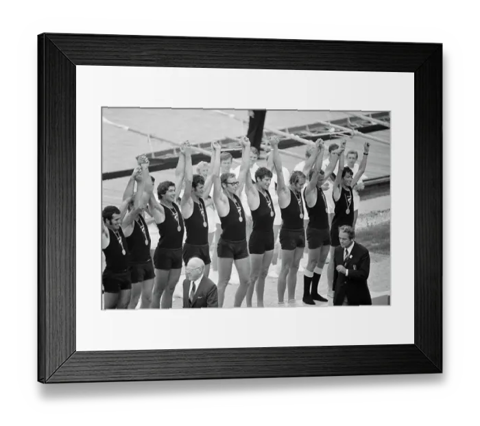 Framed Print : Olympic Rowing Team with Arms Raised Framed Print : Olympic Rowing Team with Arms Raised