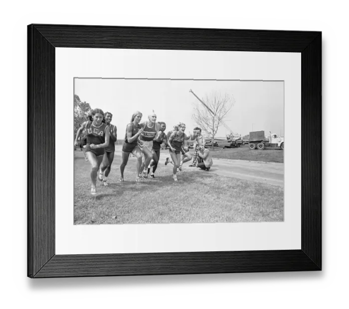 Framed Print : Senator Alan Cranston and Representative Byron running with members of US Olympic team Framed Print : Senator Alan Cranston and Representative Byron running with members of US Olympic team