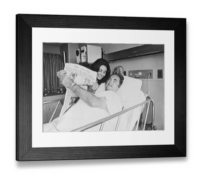 Framed Print : George Wallace Holding Newspaper with Wife in Hospital Framed Print : George Wallace Holding Newspaper with Wife in Hospital