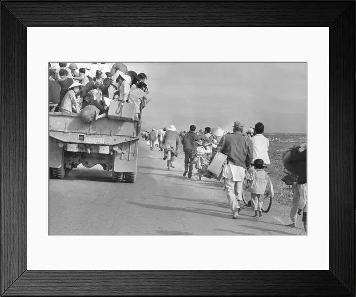 Framed Print : People Flee on Foot, Bike and Truck Framed Print : People Flee on Foot, Bike and Truck