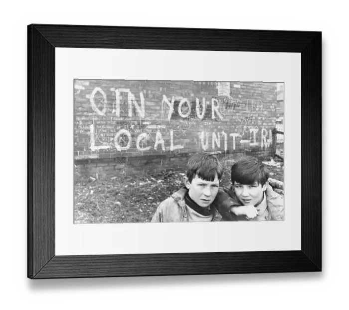Framed Print : Boys Play Near Graffitied Wall in Belfast Framed Print : Boys Play Near Graffitied Wall in Belfast