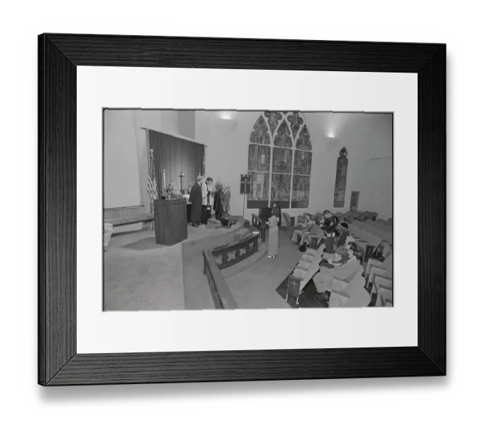 Framed Print : Michel Girouard and Rejean Tremblay Kneeling at Church Altar