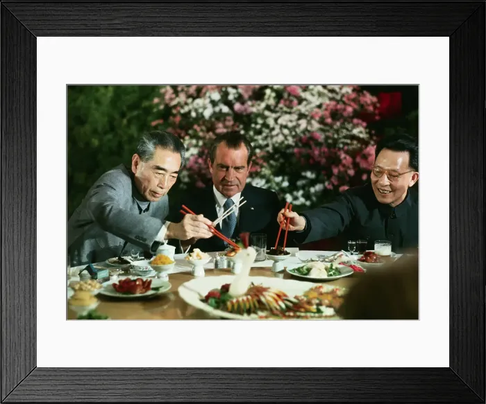 Framed Print : Richard Nixon Eating with Zhou Enlai and Chang Chun-chiao