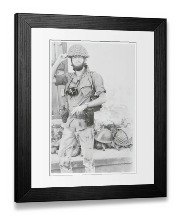 Framed Print : Photographer Wearing Soldier's Helmet Framed Print : Photographer Wearing Soldier's Helmet