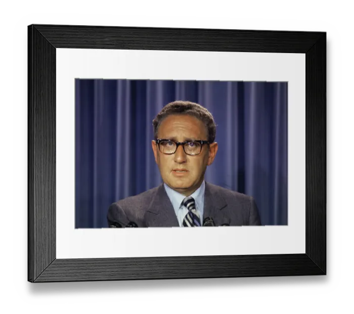 Framed Print : Henry Kissinger at Microphones Framed Print : Henry Kissinger at Microphones