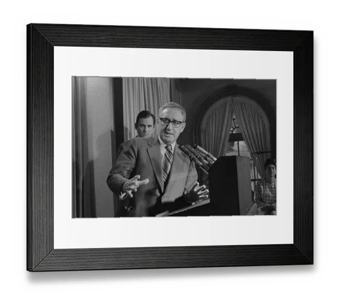 Framed Print : Henry Kissinger Speaking to Press Framed Print : Henry Kissinger Speaking to Press