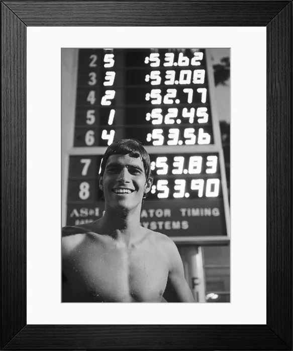 Framed Print : Mark Spitz Smiling in Front of Scoreboard Framed Print : Mark Spitz Smiling in Front of Scoreboard
