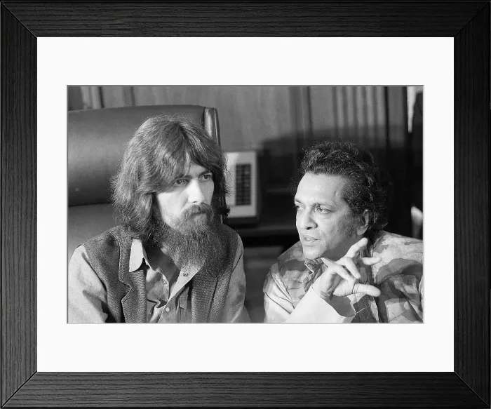 Framed Print : Musicians George Harrison and Ravi Shankar Talking Framed Print : Musicians George Harrison and Ravi Shankar Talking
