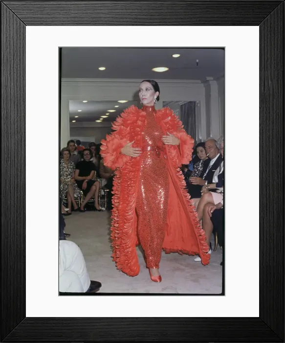 Framed Print : Woman Modeling an Evening Gown and Coat Framed Print : Woman Modeling an Evening Gown and Coat