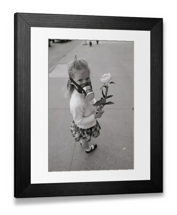 Framed Print : Girl with Filter Mask and Flower Framed Print : Girl with Filter Mask and Flower