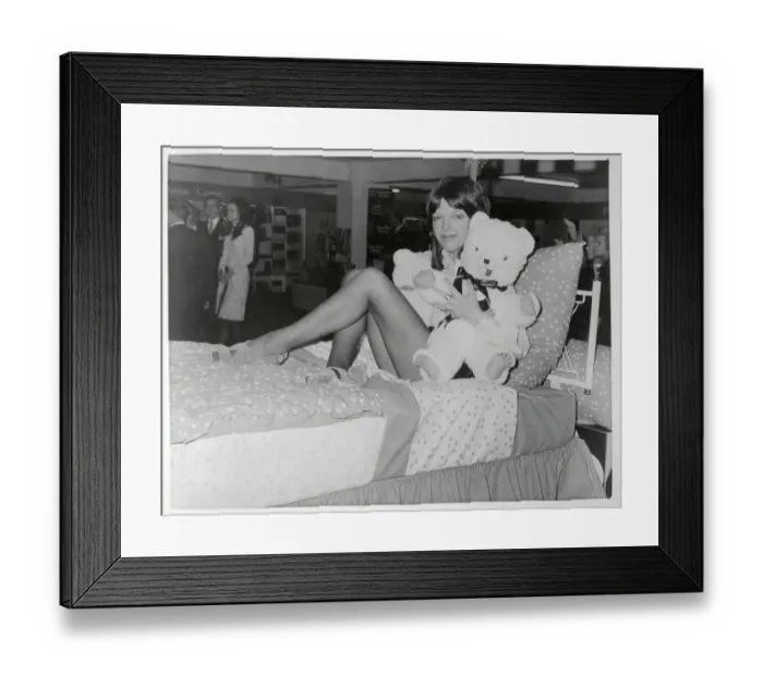 Framed Print : Mary Quant Sitting in Bed with Teddy Bears