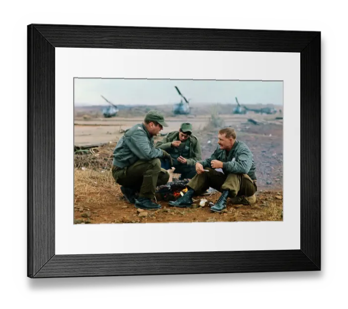 Framed Print : Three Soldiers Relaxing Around Campfire Framed Print : Three Soldiers Relaxing Around Campfire