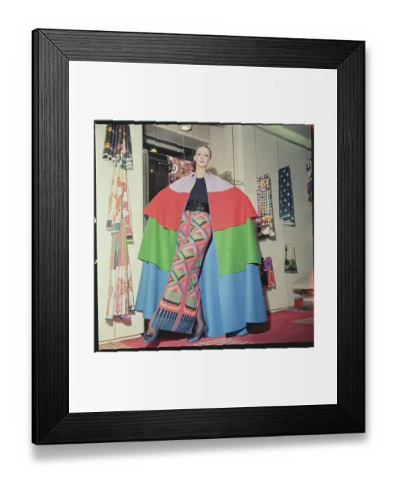 Framed Print : Model Wearing Muli-Colored Wool Cape