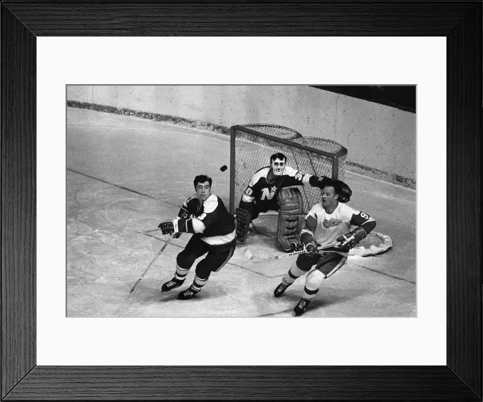 Framed Print : Gordon Howe and Opponent Go for Airborne Puck Framed Print : Gordon Howe and Opponent Go for Airborne Puck