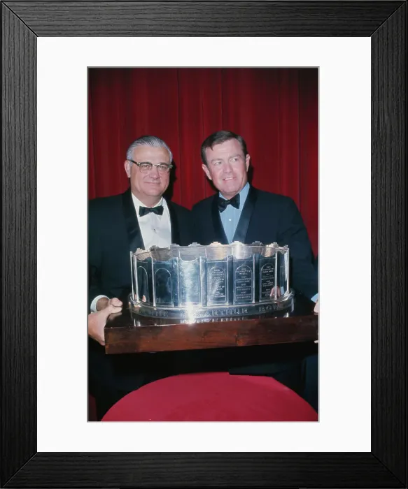 Framed Print : Woody Hayes and Darrell Royal Posing with MacArthur Bowl Award Framed Print : Woody Hayes and Darrell Royal Posing with MacArthur Bowl Award