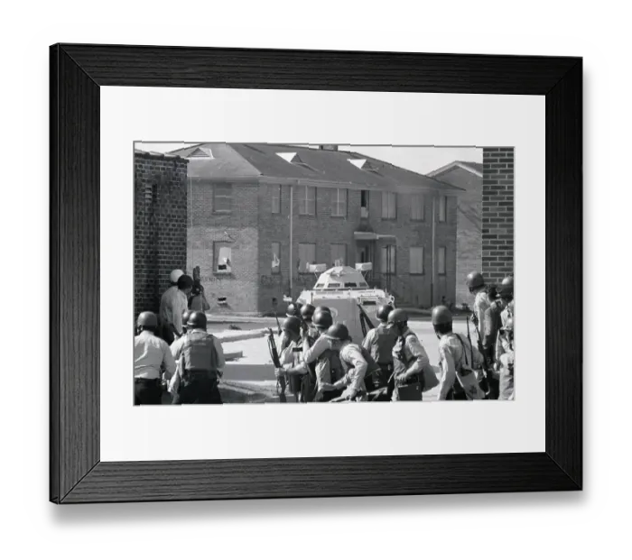 Framed Print : Police with Helmets and Rifles in Project Yard Framed Print : Police with Helmets and Rifles in Project Yard