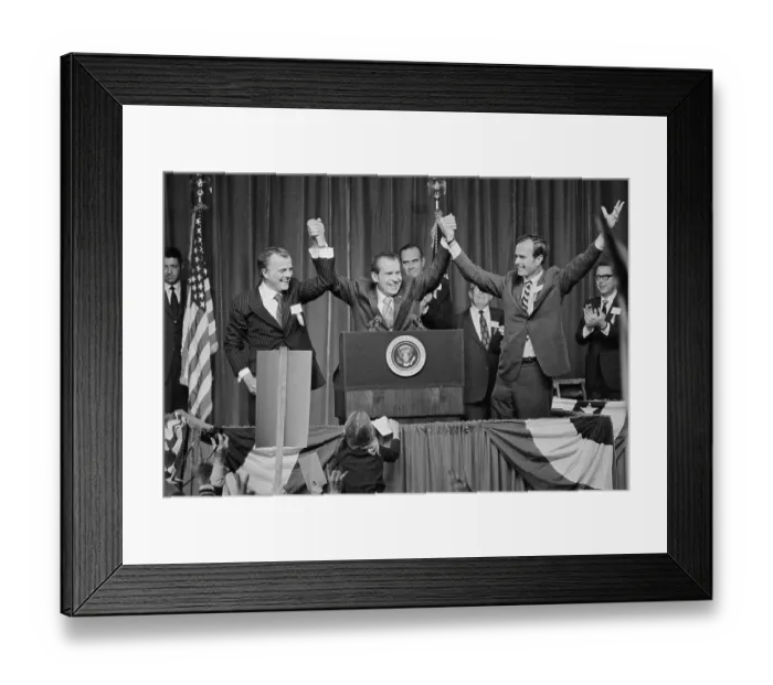 Framed Print : President Nixon Raising Arms of George Bush and Paul Eggers Framed Print : President Nixon Raising Arms of George Bush and Paul Eggers