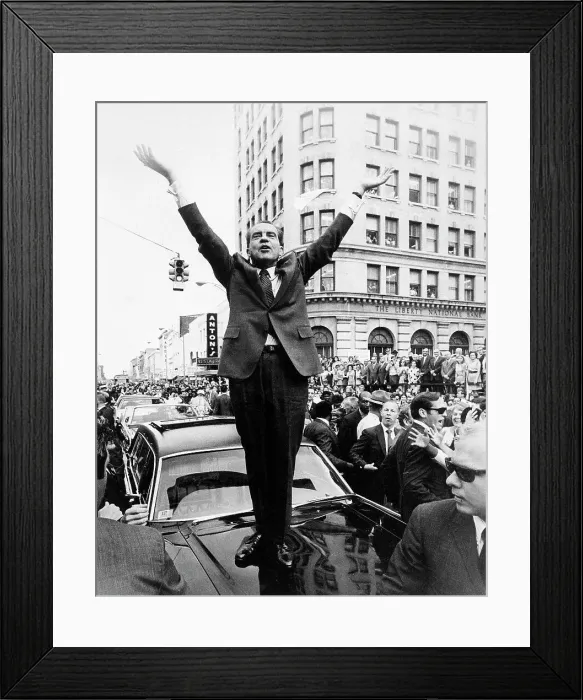 Framed Print : Nixon Standing on Car Hood During Motorcade Framed Print : Nixon Standing on Car Hood During Motorcade