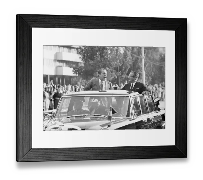 Framed Print : Richard Nixon Waving from a Car Framed Print : Richard Nixon Waving from a Car