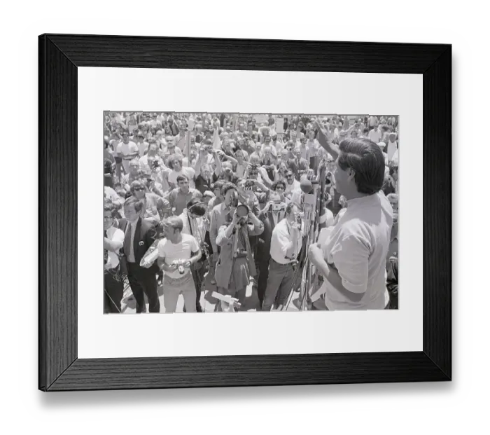 Framed Print : Cesar Chavez Gives Crowd Peace Sign