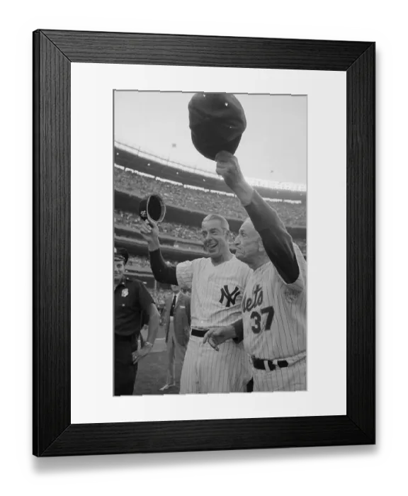 Framed Print : Joe DiMaggio and Casey Stengel Waving to the Crowd