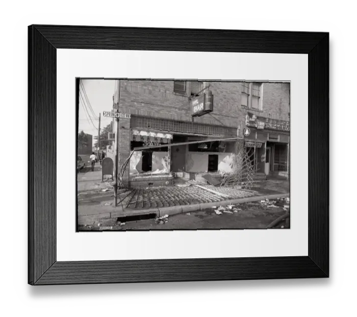 Framed Print : Metal Grill Torn Down in Front of Bar Framed Print : Metal Grill Torn Down in Front of Bar