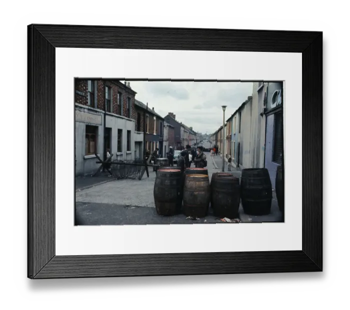 Framed Print : Troops, Barrels, Barbed Wire in Street Framed Print : Troops, Barrels, Barbed Wire in Street