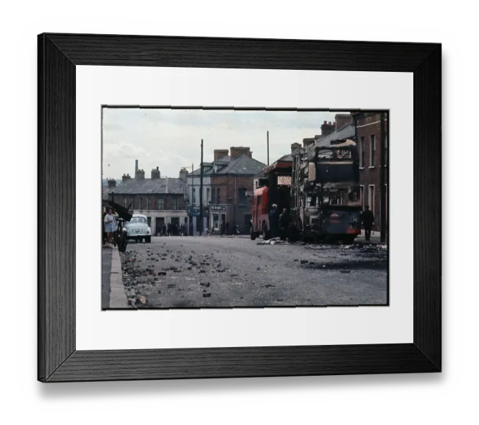 Framed Print : Burned Buses in Damaged Street Framed Print : Burned Buses in Damaged Street