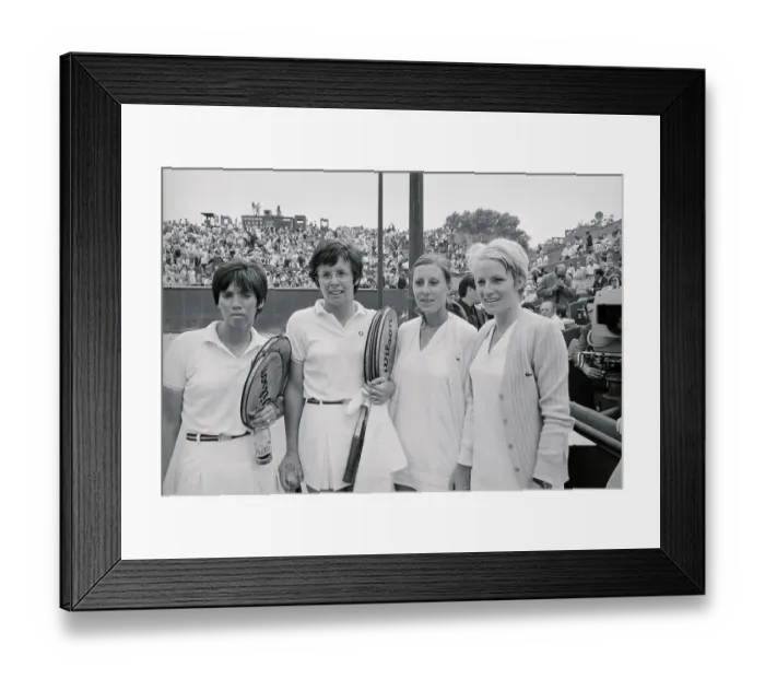 Framed Print : Female Tennis Rivals Posing on Court