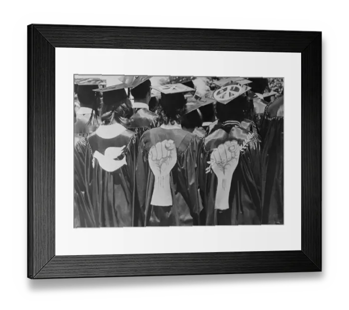 Framed Print : Students with Peace and Protest Symbols on Graduation Gowns Framed Print : Students with Peace and Protest Symbols on Graduation Gowns