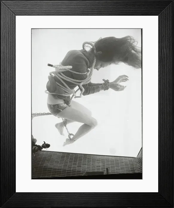 Framed Print : Female Magician Mari Lou Sinking in Water While in Chains Framed Print : Female Magician Mari Lou Sinking in Water While in Chains