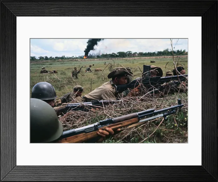 Framed Print : Cambodian troops Taking Cover
