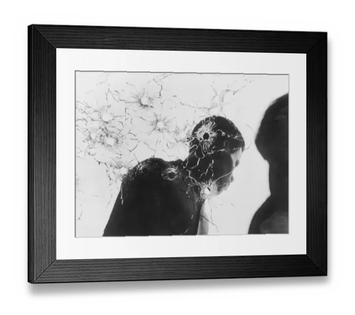 Framed Print : Man Behind Bullet-Riddled Glass Framed Print : Man Behind Bullet-Riddled Glass