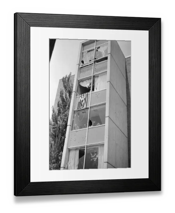 Framed Print : Bullet Holes in Dormitory Windows Framed Print : Bullet Holes in Dormitory Windows