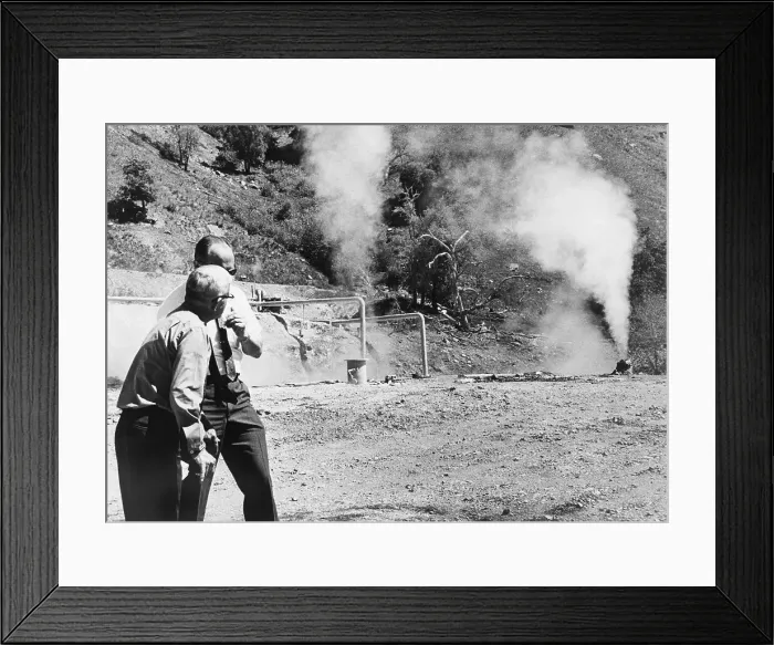 Framed Print : Men Watching Steaming Geothermal Wells Framed Print : Men Watching Steaming Geothermal Wells