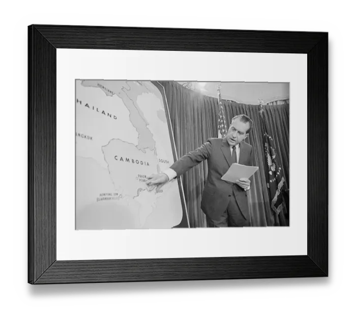 Framed Print : President Nixon Pointing to Map of Cambodia Framed Print : President Nixon Pointing to Map of Cambodia