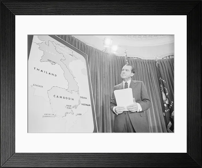 Framed Print : President Nixon Standing at Map of Cambodia Framed Print : President Nixon Standing at Map of Cambodia